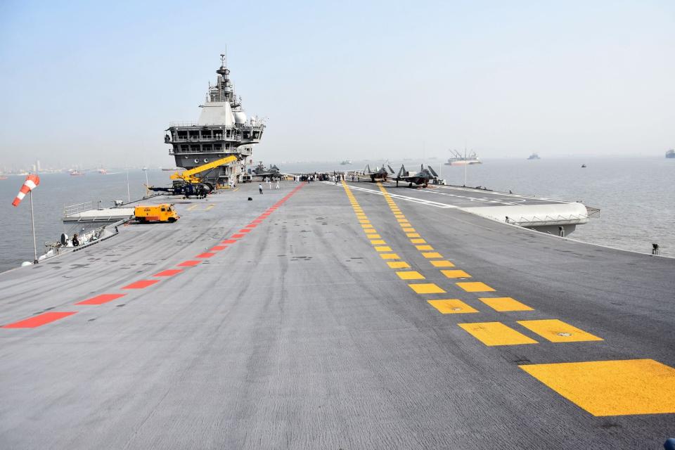 A view from the sloped bow of the INS Vikrant that carries MiG-29K fighter jets.