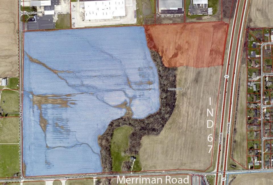In 2018, the Mooresville Redevelopment Commission purchased the former Pauley property at the corner of Merriman Road and Ind. 67 for $3 million. In December 2020, Nice-Pak announced plans to relocate to the 55 acres west of the creek in the map above, but the project has since been abandoned.