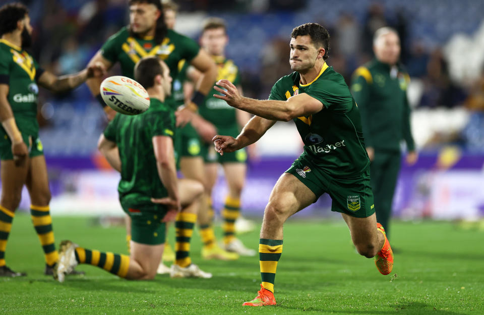 Nathan Cleary (pictured) passes the ball.