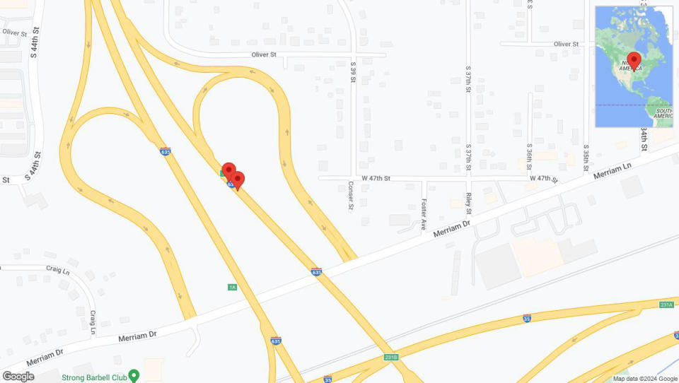 A detailed map that shows the affected road due to 'Broken down vehicle on northbound I-635 in Kansas City' on January 6th at 12:11 p.m.