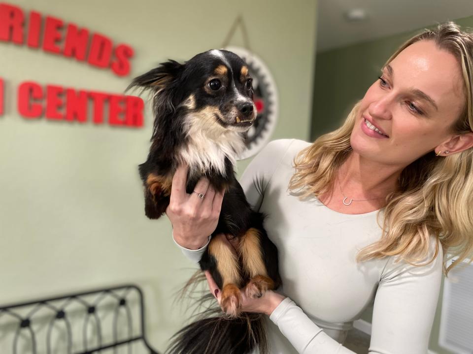 Mr. Bean, a papillon mix born without fore legs, was adopted by Dasha Melgarejo, a Wellington resident and horse jumper.