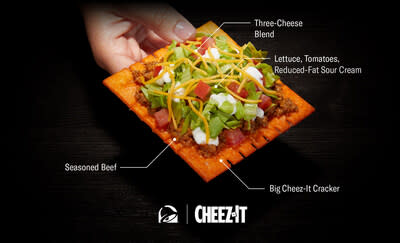 The new Taco Bell Big Cheez-It Tostada features a supersized Cheez-It cracker topped with seasoned beef, diced tomatoes, crisp lettuce, shredded cheese and cool reduced-fat sour cream.