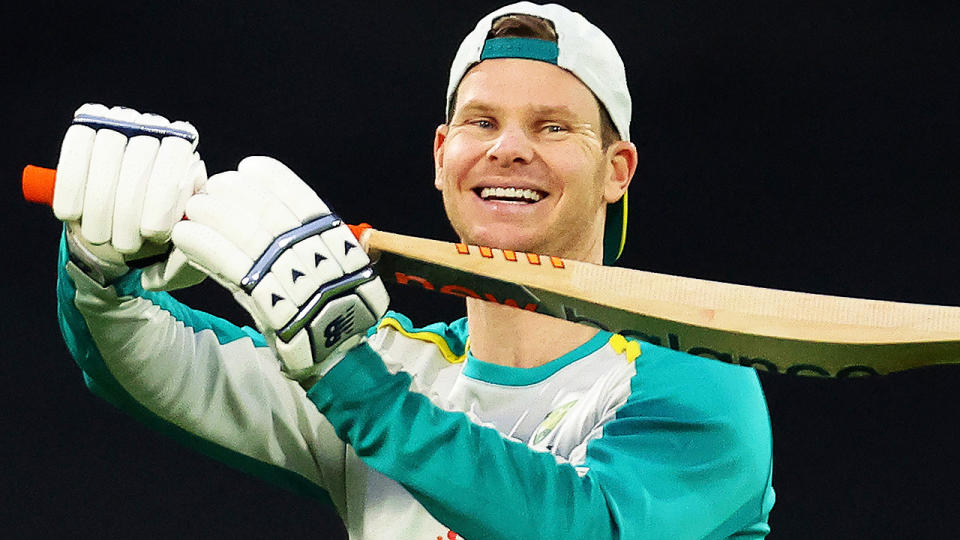 Steve Smith, pictured here during a warm-up session prior to the second T20 between Australia and England. 