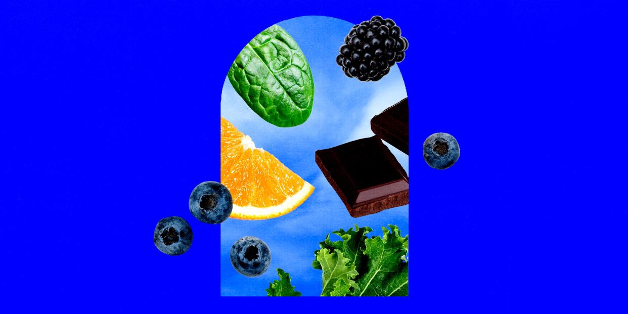 Photo illustration of veggies and fruit.