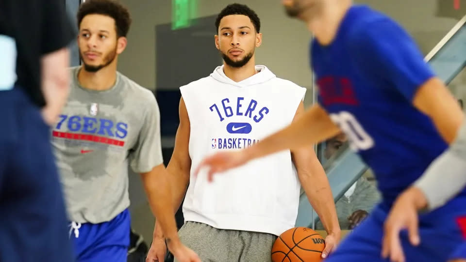 Seen here, Ben Simmons looks on during a Philadelphia 76ers practice session.