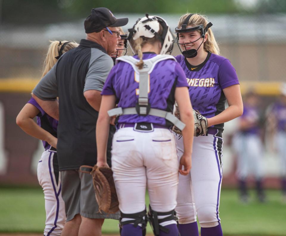 Hononegah head coach Dennis McKinney has a meeting on the pitching mound on Tuesday, May 31, 2022, at Huntley High School in Huntley. Hononegah's season came to a close with an 8-0 loss to Barrington.