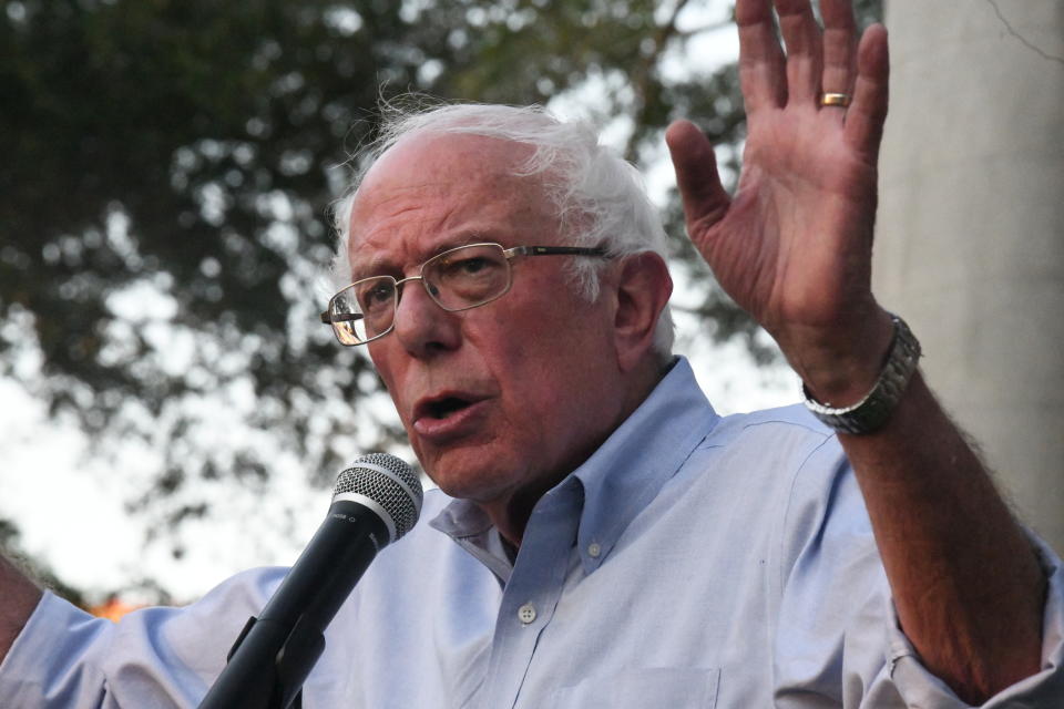 Presidential hopeful and Vermont Sen. Bernie Sanders addresses a town hall gathering on climate change on Thursday, Aug. 29, 2019, in Myrtle Beach, S.C. (AP Photo/Meg Kinnard)