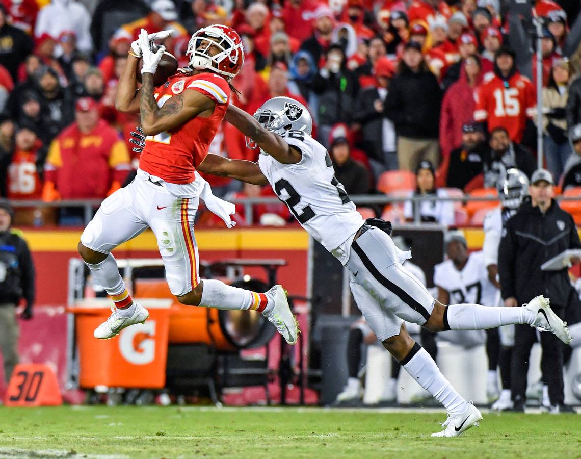 Kansas City Chiefs quarterback Patrick Mahomes’ 50th touchdown pass of the 2018 regular season came on this 89-yard reception to Kansas City Chiefs wide receiver Demarcus Robinson in front of Oakland Raiders cornerback Rashaan Melvin in the third quarter while the teams played in Kansas City. Mahomes also surpassed 5,000 passing yards for the season on the play.