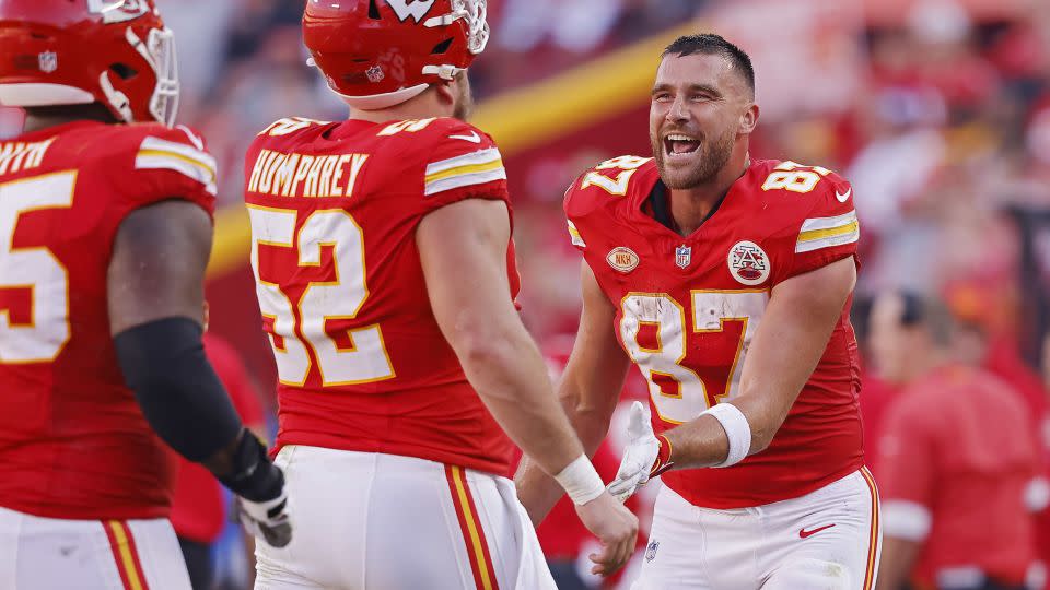 Kelce celebrates a touchdown during the second quarter against the Chargers. - David Eulitt/Getty Images