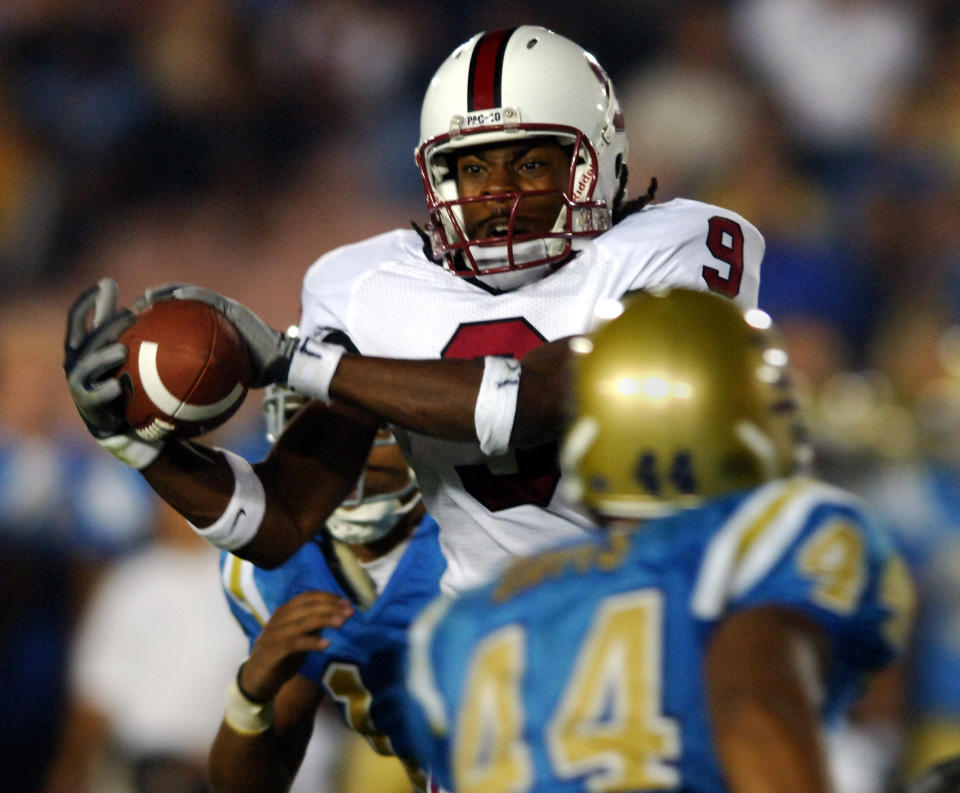 Stanford receiver Richard Sherman catches a pass during 31-0 loss to UCLA in Pacific-10 Conference game at the Rose Bowl in Pasadena, Calif. on Saturday, September 30, 2006. (Photo by Kirby Lee/Getty Images)