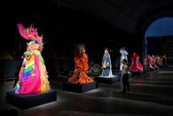 Wearable artwork creations on display for "Fashion in Motion: Daniel Lismore" exhibition at the Victoria and Albert Museum in London