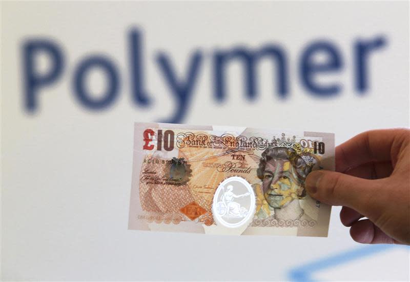 A sample polymer ten GB pound banknote is seen on display at the Bank of England in London