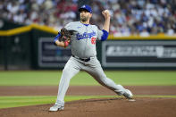 Los Angeles Dodgers pitcher James Paxton throws against the Arizona Diamondbacks during the first inning of a baseball game, Monday, April 29, 2024, in Phoenix. (AP Photo/Matt York)