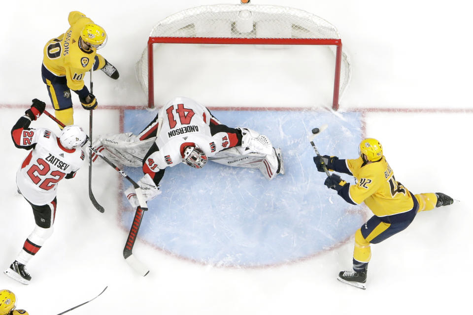 Nashville Predators center Colin Blackwell (42) scores a goal against Ottawa Senators goaltender Craig Anderson (41) in the first period of an NHL hockey game Tuesday, Feb. 25, 2020, in Nashville, Tenn. (AP Photo/Mark Humphrey)