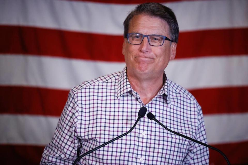 Former Gov. Pat McCrory delivers his concession speech after the primary election for U.S. Senator at Selwyn Pub in Charlotte, N.C., Tuesday, May 17, 2022.