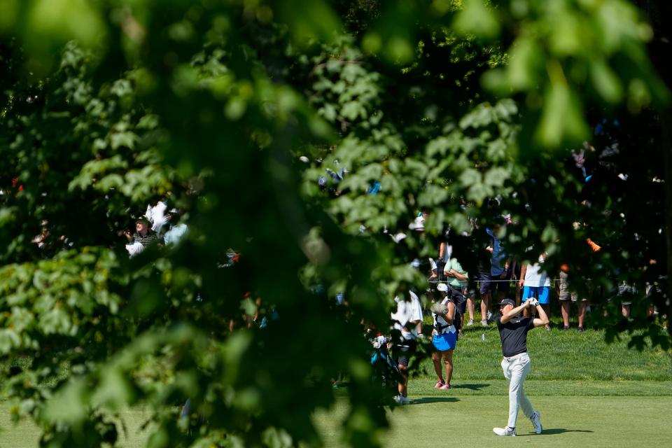 June 1, 2023;  Dublin, Ohio, USA;  Jordan Spieth hits from the 11th fairway during the opening round of the Memorial Tournament at Muirfield Village Golf Club. 