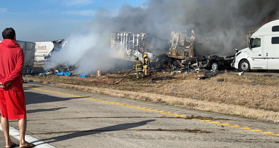At least five people are dead and a major interstate was shut down after a fiery crash with dozens of vehicles in Missouri, authorities said Thursday. (Jeff A Barnes)