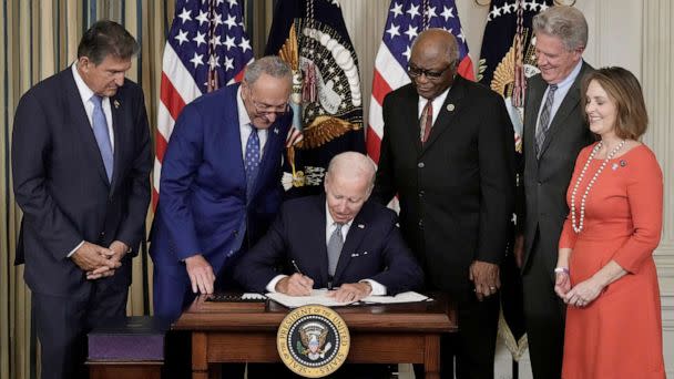 PHOTO: President Joe Biden signs The Inflation Reduction Act with Sen. Joe Manchin, Sen. Charles Schumer, House Whip James Clyburn, Rep. Frank Pallone and Rep. Kathy Catsor in the State Dining Room of the White House August 16, 2022 in Washington, D.C. (Drew Angerer/Getty Images)