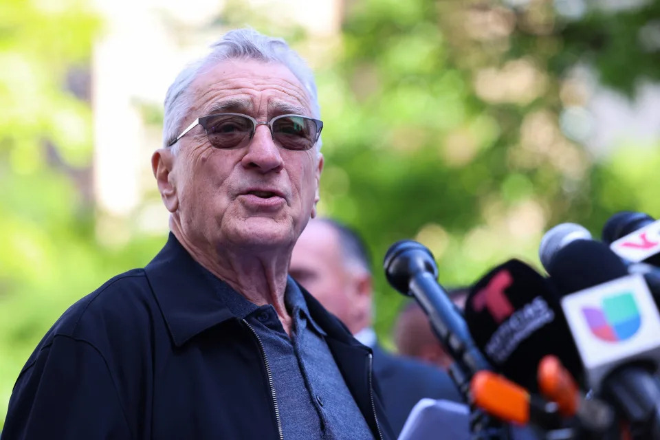 Robert De Niro speaks in support of US President Joe Biden outside of Manhattan Criminal Court as former president and Republican presidential candidate Donald Trump attends his criminal trial on May 28, 2024.