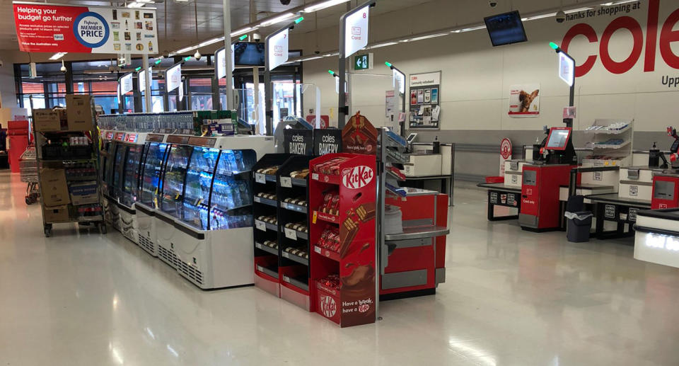 Coles self serve hybrid checkout Mount Gravatt Coles store in Brisbane.