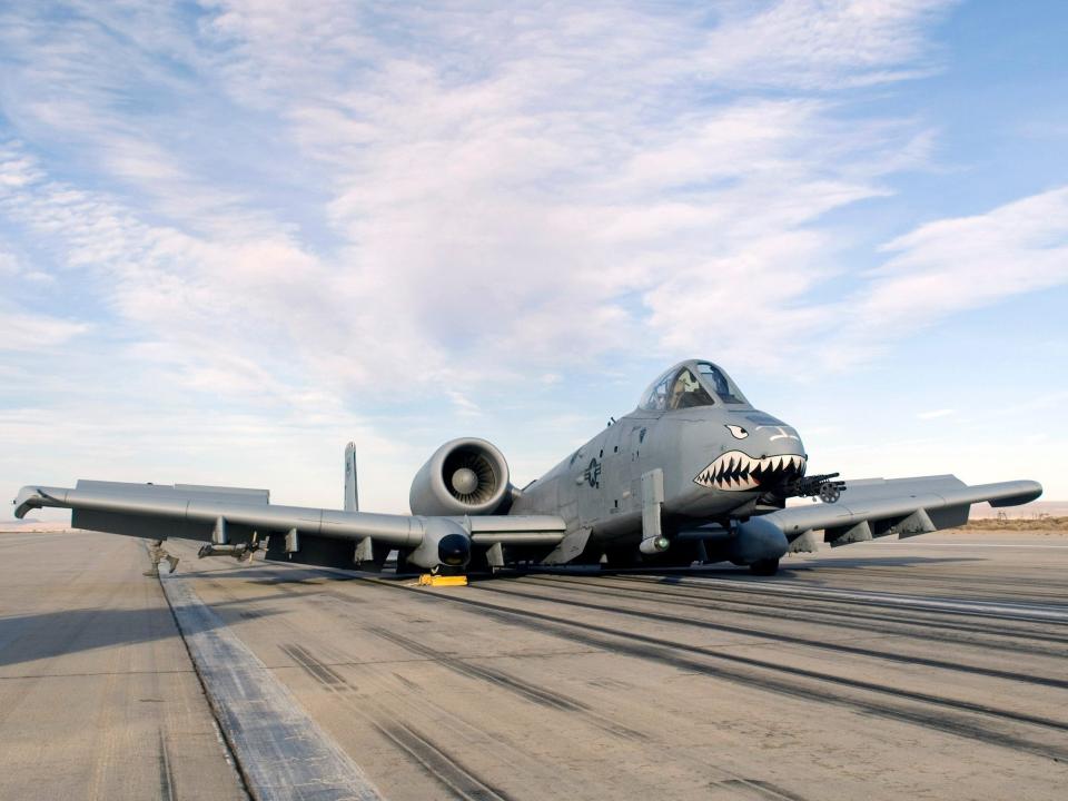 An A-10 sits on the runway after making an emergency landing March 25 at Edwards Air Force Base, Calif