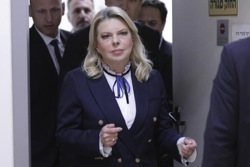 FILE - Sara Netanyahu, wife of Israeli Prime Minister Benjamin Netanyahu, attends a hearing at the Magistrate's Court in Rishon LeZion, Israel, on Jan. 23, 2023. Prime Minister Benjamin Netanyahu and his allies on Thursday, March 2, denounced protesters as “anarchists” after they massed outside a Tel Aviv salon where his wife was getting her hair done — a chaotic end to a day of demonstrations against the government's plan to overhaul the judiciary. (Abir Sultan/Pool Photo via AP, File)