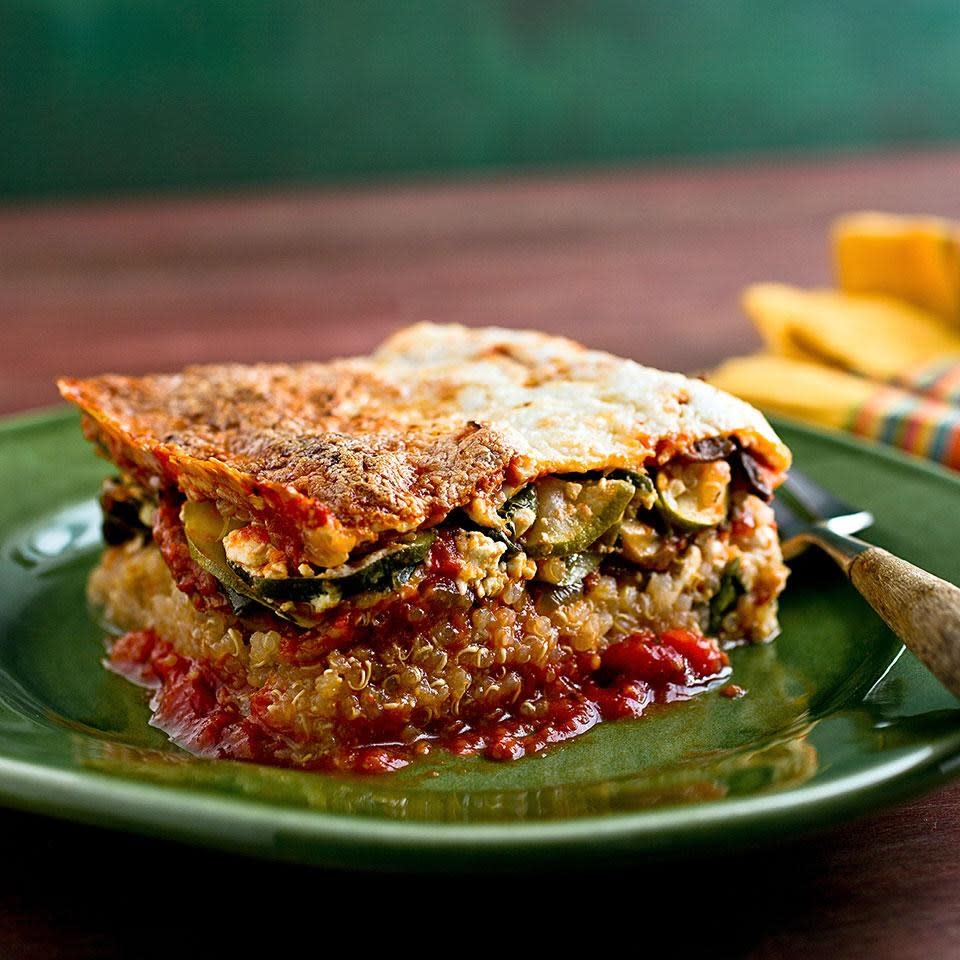 <p>This healthy quinoa lasagna recipe has a layer of quinoa (rather than noodles) along with vegetables, cheese and herbs. Though it tastes like comfort food, don't worry, this quinoa lasagna recipe is not too heavy--you'll still have room for dessert. To save time, use your favorite jarred tomato sauce in this vegetarian lasagna. (Adapted from "Quinoa Revolution" by Patricia Green and Carolyn Hemming; Pintail Books, 2012.) <a href="https://www.eatingwell.com/recipe/250699/quinoa-lasagna/" rel="nofollow noopener" target="_blank" data-ylk="slk:View Recipe;elm:context_link;itc:0;sec:content-canvas" class="link ">View Recipe</a></p>