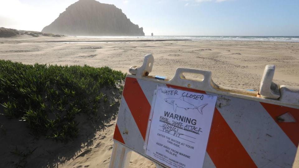 A sign at a beach parking lot announces the water is closed at Morro Strand on Dec. 24, 2021, after a fatal shark attack.