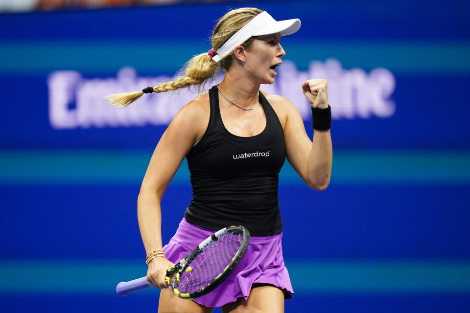 Danielle Collins, of the United States, reacts after winning a point against Naomi Osaka, of Japan, during the first round of the US Open tennis championships, Tuesday, Aug. 30, 2022, in New York. (AP Photo/Frank Franklin II)