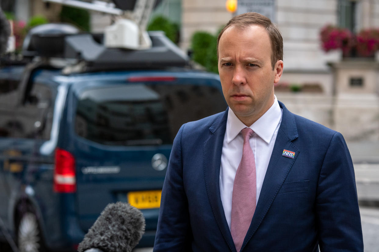 LONDON, UNITED KINGDOM - JULY 5, 2020: Health Secretary Matt Hancock at the BBC before appearing on the Andrew Marr Show. London, Great Britain, 05 Jul 2020 David Nash / Barcroft Media- PHOTOGRAPH BY David Nash / Barcroft Studios / Future Publishing (Photo credit should read David Nash/Barcroft Media via Getty Images)