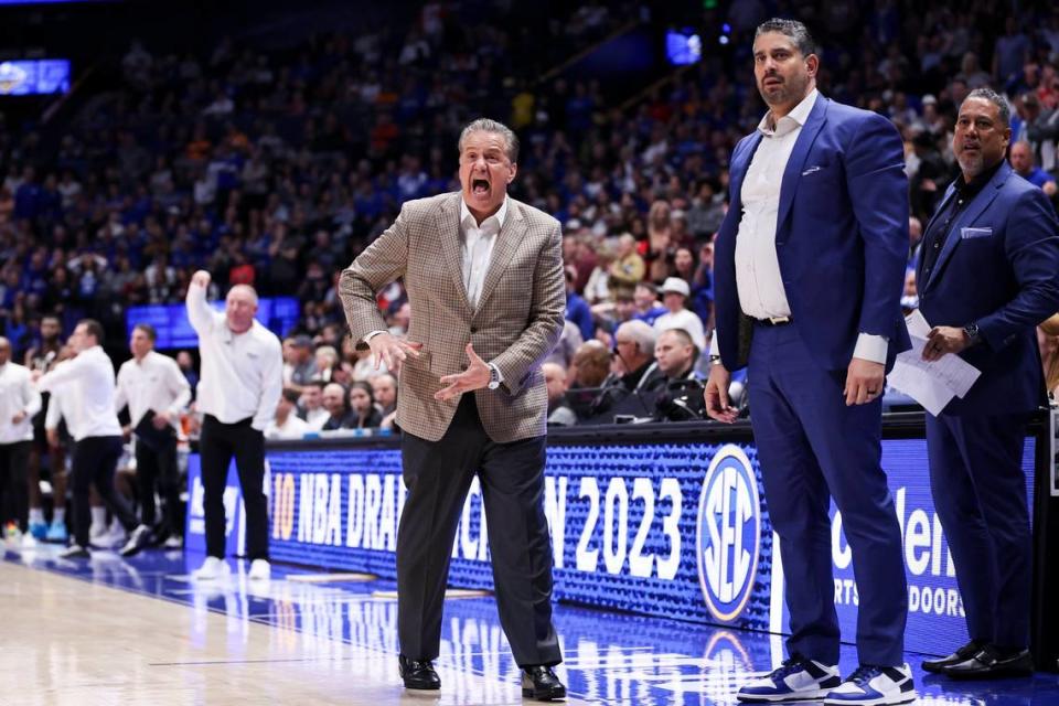 Kentucky head coach John Calipari yells at a referee during the SEC Tournament quarterfinals against Texas A&M at Bridgestone Arena in Nashville.