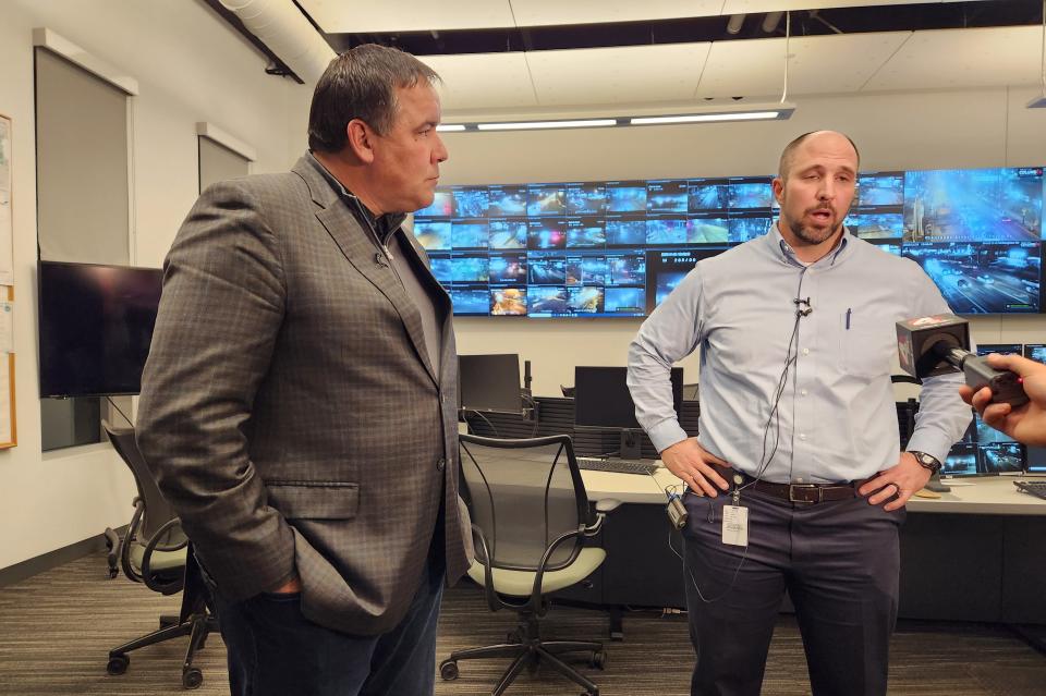 Columbus Mayor Andrew Ginther and Infrastructure Management Administrator Scott Tourville discuss preparations Tuesday for Wednesday's forecasted winter storm