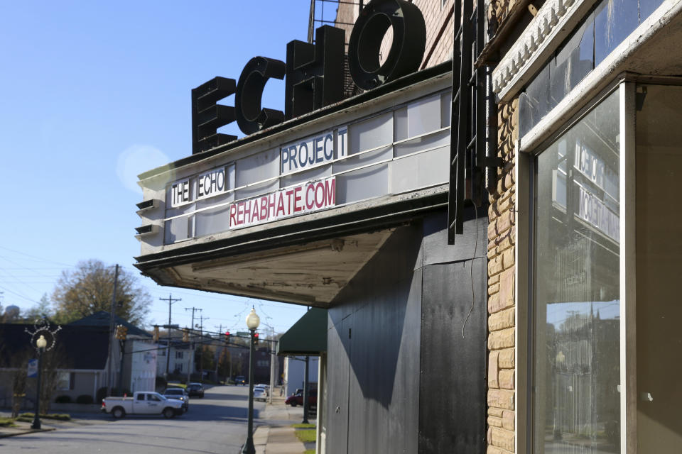 The Echo Theater is seen on Dec. 10, 2020, in Laurens, S. C. The Echo Project is working to renovate the building that once housed the racist Redneck Shop into a community center and racial reconciliation museum. (AP Photo/Jeffrey Collins)