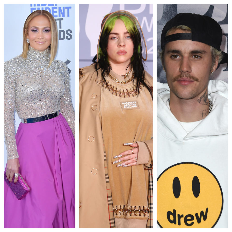 Jennifer Lopez, Billie Eilish and Justin Bieber will perform at the American Music Awards 2020. - Credit: AP