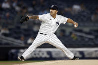 New York Yankees pitcher Nestor Cortes Jr. throws to a Toronto Blue Jays batter during the first inning of a baseball game Thursday, Sept. 9, 2021, in New York. (AP Photo/Adam Hunger)