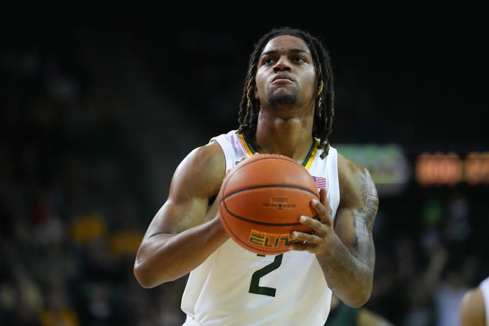 Baylor guard Jayden Nunn shoots against Mississippi Valley State during the second half of an NCAA college basketball game, Friday, Dec. 22, 2023, in Waco, Texas. Baylor won 107-48. (AP Photo/Julio Cortez)