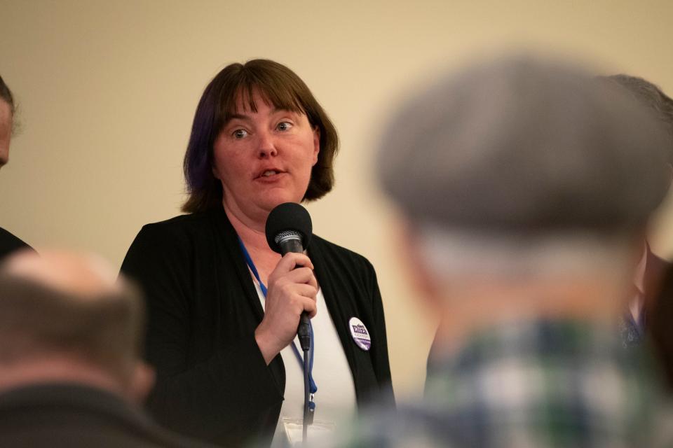 Ward 1 candidate Eliza Kashinsky speaks during a debate between candidates for Eugene City Council Ward 1 and Ward 2 Friday, March 29, 2024, at a meeting of the City Club of Eugene.