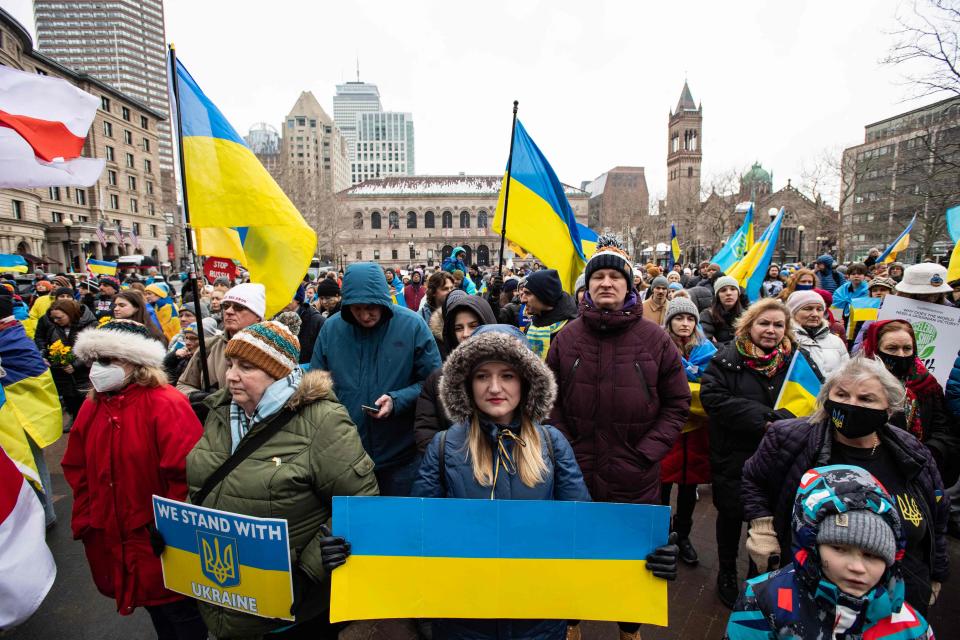 Supporters of Ukraine fill the square during a Stand with Ukraine rally at Copley Square in Boston on Feb. 26, 2023.