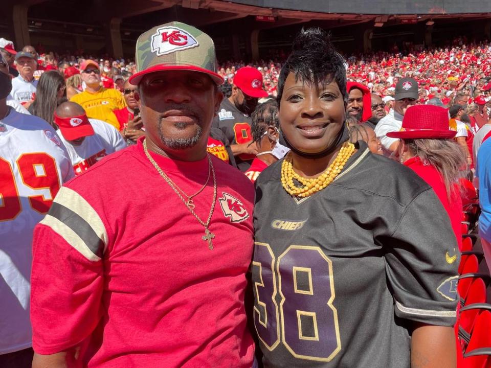 Kansas City Chiefs cornerback L’Jarius Sneed’s parents Non Sneed (left) and Jane Mims Sneed attend every home game at Arrowhead Stadium.