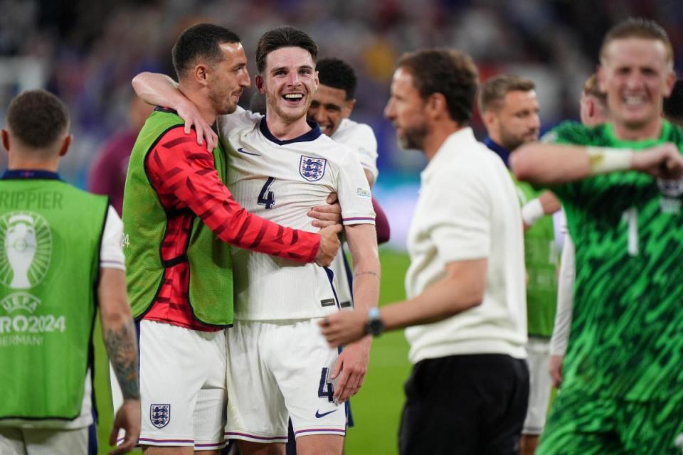 Lewis Dunk and Declan Rice celebrate after England's win over Slovakia <i>(Image: Bradley Collyer/PA Wire)</i>