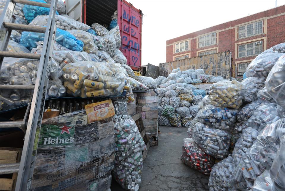 Bags of sorted beverage cans and bottles are ready for transport at Sure We Can, a non-profit recycling center, community space and sustainability hub in Brooklyn, photographed Nov. 16, 2023.