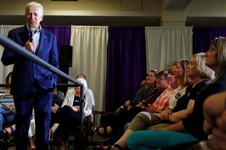 Democratic 2020 U.S. presidential candidate and former Vice President Joe Biden speeks at an event at Iowa Wesleyan University in Mount Pleasant