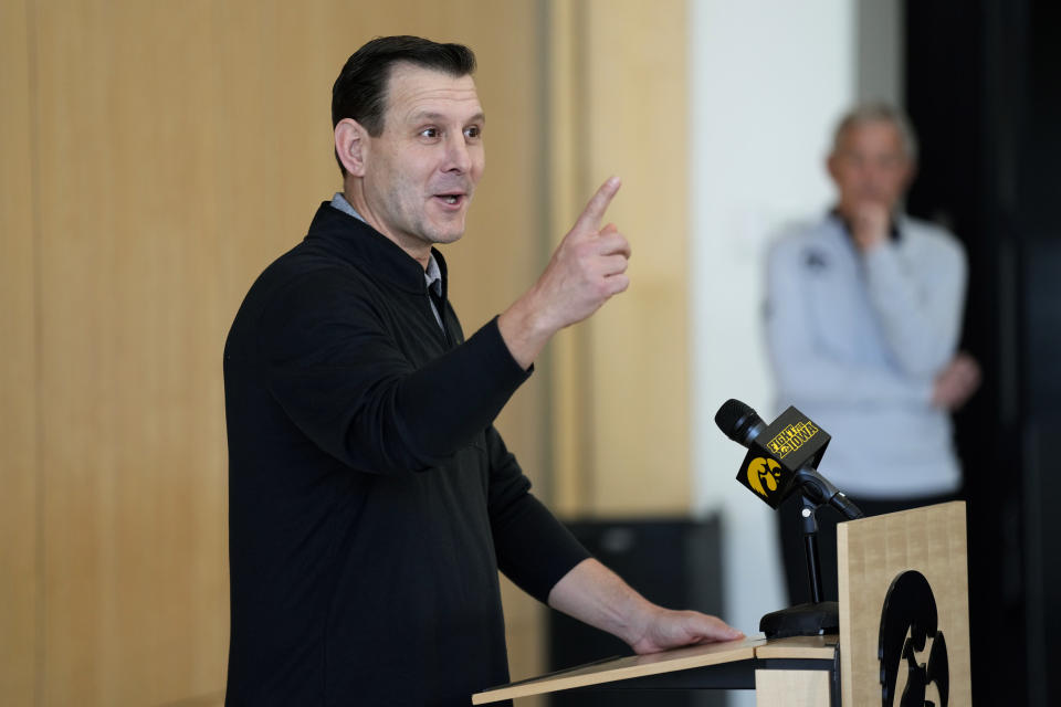 New Iowa offensive coordinator Tim Lester speaks during an NCAA college football news conference, Tuesday, Feb. 6, 2024, in Iowa City, Iowa. (AP Photo/Charlie Neibergall)