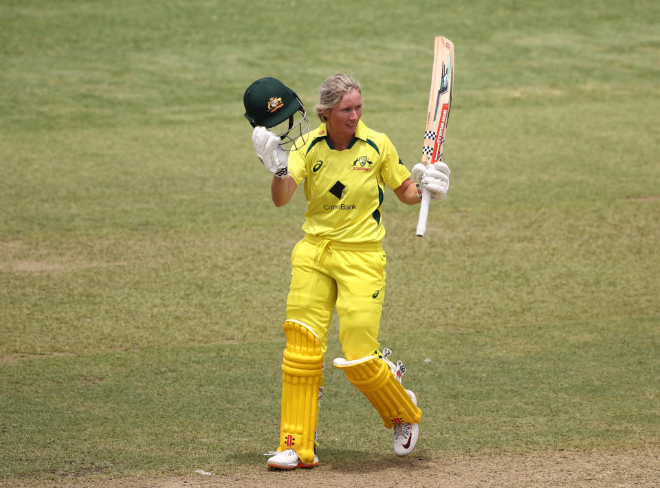 Beth Mooney, pictured here after scoring her century against Pakistan.