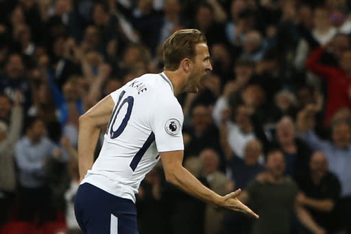 Harry Kane celebrates scoring the goal which secured Spurs’ Champions League spot for next season during their 1-0 win over Newcastle.