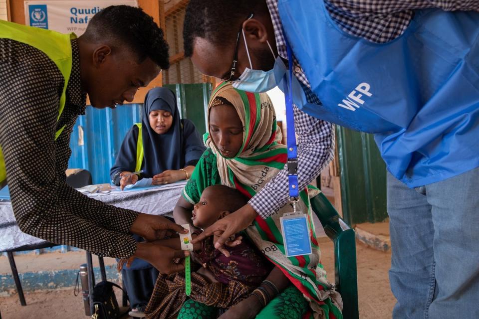 Mido holds Fatun while her mid-upper arm circumference (MUAC) is measured. Fatuna’s MUAC measurement confirms that she is suffering from moderate acute malnutrition (WFP/Samantha Reinders)