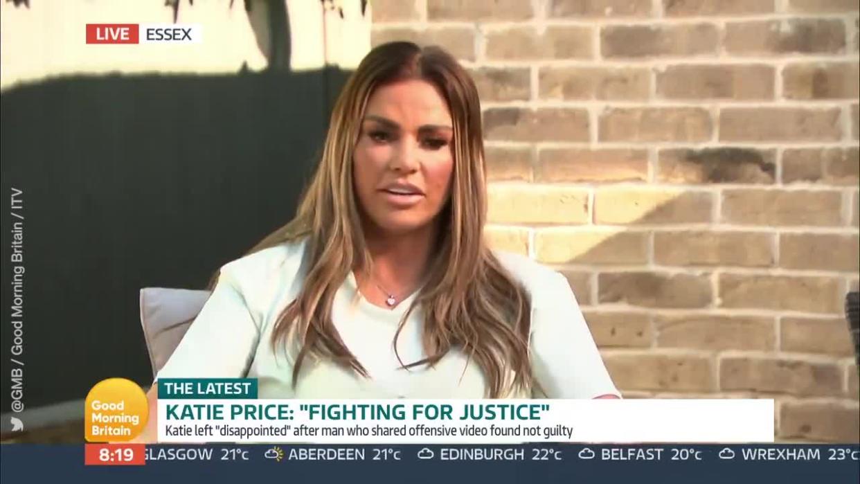 <p>Katie Price appeared on Good Morning Britain to discuss the recent court case against an online troll, saying it was 'such a shame' they lost. Price wants online bullying to be treated the same as in-person abuse, and wants a judge to recognise her fight on behalf of son Harvey.</p>
<p>Credit: @GMB via Twitter / Good Morning Britain / ITV</p>