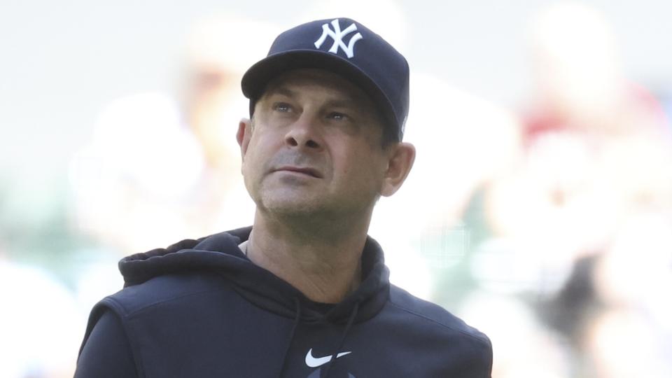 Apr 30, 2023; Arlington, Texas, USA; New York Yankees manager Aaron Boone (17) reacts during the game against the Texas Rangers at Globe Life Field. Mandatory Credit: Kevin Jairaj-USA TODAY Sports