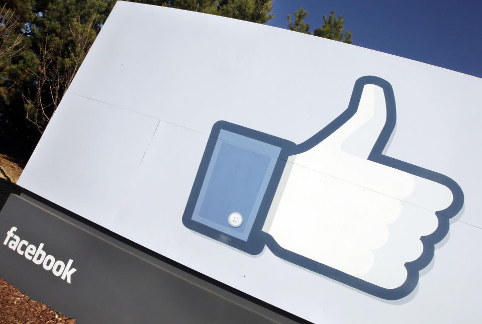 FILE - A Jan. 12, 2012 file photo, shows the Facebook "like" icon displayed outside of Facebook's headquarters in Menlo Park, Calif. The "like" button on Facebook seems like a relatively clear way to express your support for something, but a federal judge says that doesn't mean clicking it is constitutionally protected speech. (AP Photo/Paul Sakuma)