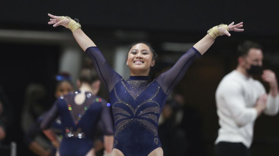 UCLA's Emma Malabuyo competes against UC Davis and Oregon State in January 2022.